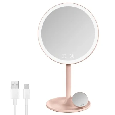 Imagen de EMKE Espejo cosmético con iluminación, de Mesa Recargable, Maquillaje 1/3 x Aumento, Interruptor táctil y función Memoria, Apagado automático (Rosa)