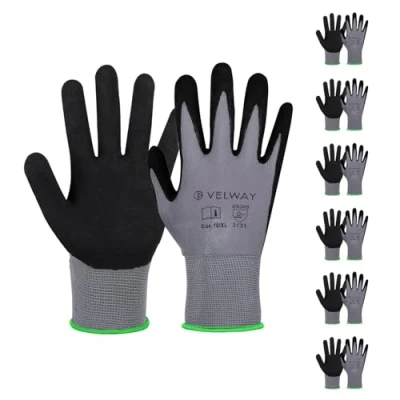 Imagen de Velway Guantes de Trabajo Alta Resistencia 6 Pares Protéccion, Fibra Nylon con Recubrimiento Goma Nitrilo, Versátiles, Protección Mecánica e Industrial, Pintura, Talla M/8