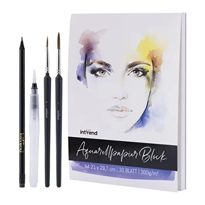 Imagen de int!rend Bloc Papel Acuarela DIN A4 300gr 30 Papeles Blancos para Acuarelas + Pincel Watercolor con Tanque de Agua 2 Pinceles Lápiz Cuaderno Pintura y Bocetos