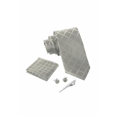 Imagen de Massi Morino Juego de corbata con pañuelo bolsillo para hombre, incluye gemelos, alfiler y caja regalo, set boda Gris cuadrado., Talla única