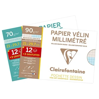 Imagen de Clairefontaine 196854AMZC Un lot de 2 pochettes 15 feuilles (12 + 3 gratuites) 21x29,7 cm comprenant une pochette Millimétré 90g et Calque 70/75g