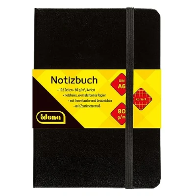 Imagen de Idena 209282 Cuaderno DIN A6, cuadriculado, papel crema, 192 páginas, 80 g/m², tapa dura en negro, 1 ud.