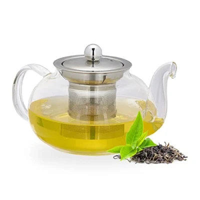 Imagen de Relaxdays Tetera con Infusor, 600 ml, Vidrio Borosilicato, Acero Inoxidable, Jarrita Té a Granel, Transparente/Plateado