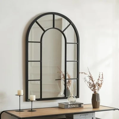 Imagen de [en.casa] Espejo de Pared Ventana Arqueado Elegante Baño Cuadriculado Decoración Mural Reflejo Nítido Sin Distorsiones Marco MDF 90x60 cm Negro