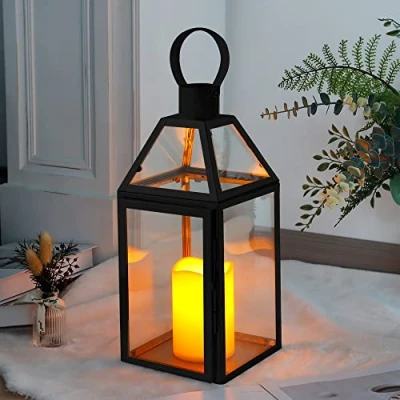 Imagen de JHY Design Faroles Decorativos Negros 34cm Alto de Vela Acero Inoxidable con Cristal Templado para Eventos Interior al Aire Libre Fiestas y Bodas