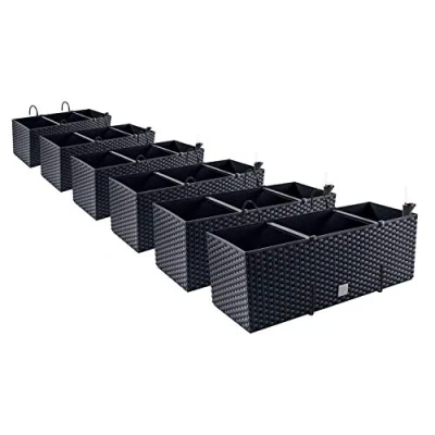 Imagen de 6 maceteros de aspecto ratán con soportes, indicador nivel agua para balcón, jardineras