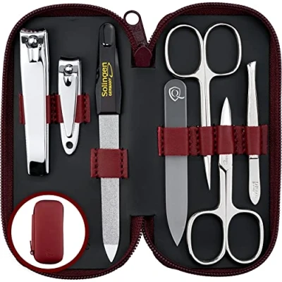 Imagen de marQus Set manicura de 7 piezas Solingen, Alemania y pedicura en estuche cuero auténtico con 2 tijeras, cortaúñas, limas (una cristal) pinza, para hombre mujer