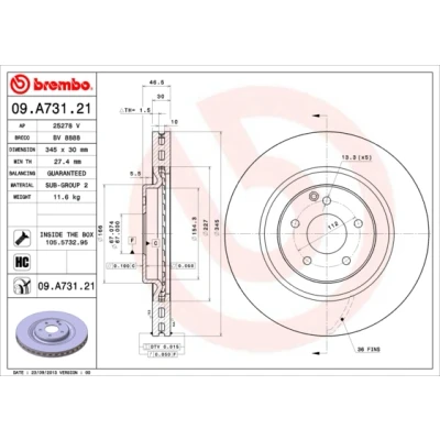 Imagen de BREMBO COATED DISC LINE 09.A731.21 Disco de freno 345 30 5 ventilación interna revestido altamente carbonizado con tornillos