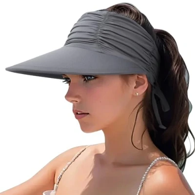 Imagen de DRESHOW Mujer Sol Sombrero Al aire Libre UV Protección Plegable Ala Ancha Pesca Ponytail Playa Bucket Sombreros