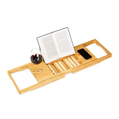 Imagen de Relaxdays Bandeja Bañera, Tabla de Baño, Ajustable, Atril Libros, Soporte Copas, Bambú, 1 Ud, 17,5 x 70 22 cm, Marrón, Acero Inoxidable