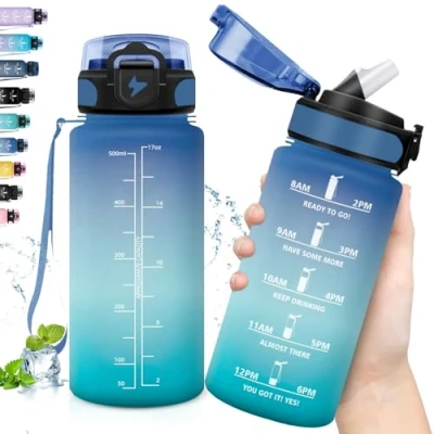 Imagen de Grsta Botella Agua, Agua Niños con Pajita, 500ml a Prueba de Fugas, Niña, Marca Tiempo, Fácil Limpiar, Cantimplora para la Correr, Yoga, Oficina, Azul Verde