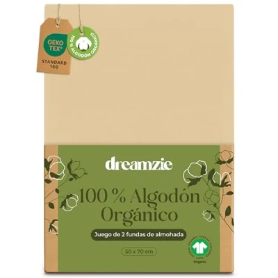 Imagen de Dreamzie Funda de Almohada 50x70 cm Algodón Orgánico Juego 2 100% Beige Algodon con Cremallera Oeko Tex