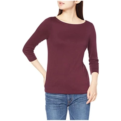 Imagen de Amazon Essentials Camiseta Lisa y Entallada de Manga 3/4 con Escote Barco Mujer, Burdeos, XS