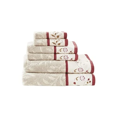 Imagen de Madison Park Serene Juego de Toallas baño 100% algodón, diseño Jacquard algodón Bordado Floral, Suave y Altamente Absorbente para Ducha, Varios tamaños, Color Rojo