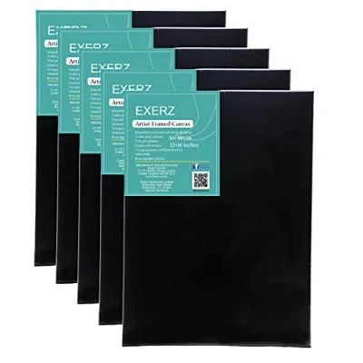 Imagen de EXERZ 30x40cm Lienzos Negro Preestirados 5 pz/Lienzos Enmarcados 1,7 cm de Espesor / 280GSM Pre Estirado 100% Algodón/Triple Preparado/Libre Acido/Hebra Media/Óleo, Acrílico