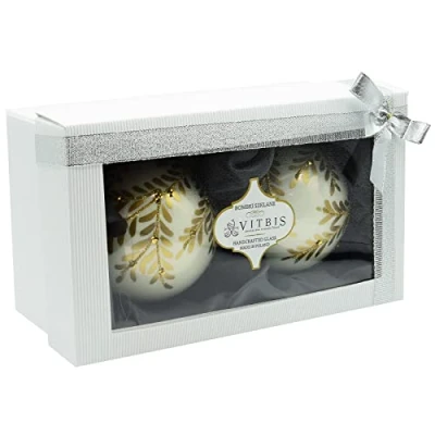 Imagen de Vitbis Juego de 2 Bolas Navidad Cristal, Color Blanco, 10 cm diámetro, Pintado a Mano