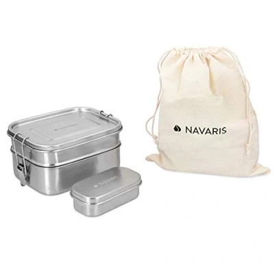 Imagen de Navaris Fiambrera de Acero Inoxidable para Comida 3X Envase hermético en 3 tamaños Recipiente Rectangular 1400 ML Lunch Box Metal