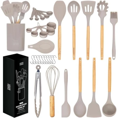 Imagen de Utensilios de Cocina Resistentes al Calor y Antiadherentes Espátula Cuchara Cucharón Pinzas Tijeras Set (33 Piezas Silicona Set)