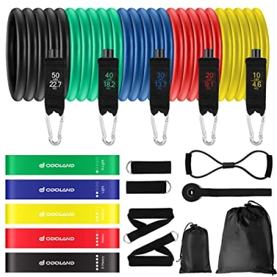 Imagen de Odoland Set Bandas Elasticas de Fitness con 5 Elásticas Resistencia, Loop Band, Asas, Correas Tobillo, Anclaje para Puerta y Guía, Kit Entrenamiento Yoga Pilates, Vistoso