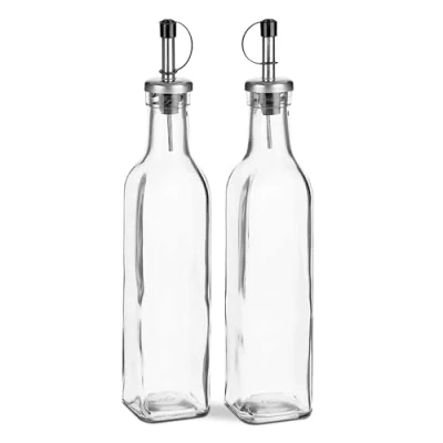 Imagen de TIENDA EURASIA Set Aceitera Vinagrera Material Vidrio y Acero Inoxidable Color Transparente Plateado Medidas 5x5x24 cm Capacidad 300 ml