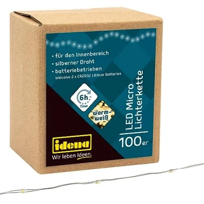 Imagen de Idena 30185 Microcadena de luces LED con 100 en blanco cálido, función temporizador 6 horas, funciona pilas, para fiestas, navidad, decoración, bodas, como luz ambiente