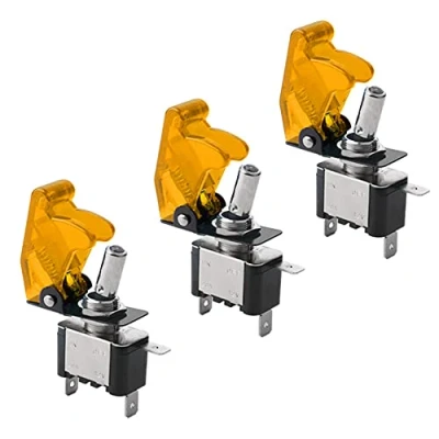 Imagen de QitinDasen 3Pcs Coche Interruptor Palanca, con Amarillo Impermeable Cubierta e LED Indicador, ON OFF 2 Posiciones 3 Pines SPST Auto Conmutador Basculante (20A/12VDC)