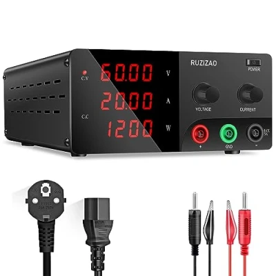 Imagen de RUZIZAO Fuente de Alimentación Regulable 60V 20A 1200W, Alta Potencia Laboratorio Banco con Mando Codificador, CC Pantalla LED 4 Dígitos