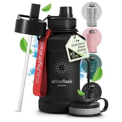 Imagen de Botella agua acero inoxidable Active Flask + pajita (3 tapas) Garrafa deportiva grande de 1,3 2,2 litros sin BPA y a prueba fugas, Frasco XL para deportes al aire libre Cantimplora 1L 2L