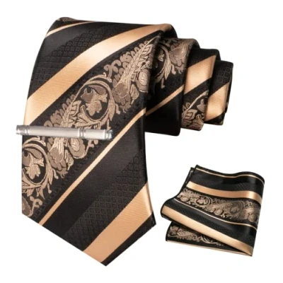 Imagen de JEMYGINS Conjunto de Corbatas para Hombre con Patrón Mixto Rosas y Rayas, Incluye Pinza Corbata Pañuelo Oro