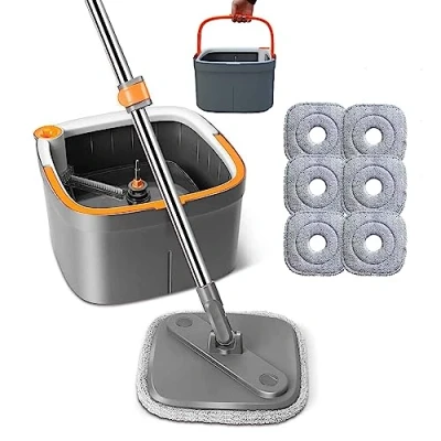 Imagen de Feloyal Juego de Fregona Giratoria y Cubeta con 6 Almohadillas Reemplazables Microfibra Sistema Separación Automática Agua Sucia Limpia Cabeza Autoescurrido