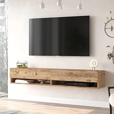 Imagen de [en.casa] Mueble TV Suspendido con Espacio de Almacenaje Mesa Tele Pared 2 Puertas y Estantes Aglomerado 180 x 32 30 cm Roble Rústico