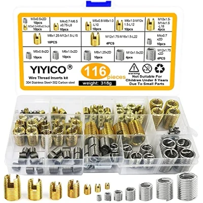 Imagen de YIYICO Redes transportadas M3 M4 M5 M6 M8 M10 M12 insertos autorroscantes combinados kit 116 piezas para reparación de roscas