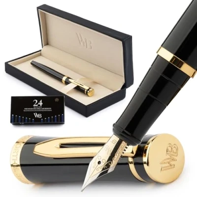 Imagen de Wordsworth &amp; Black Juego de plumas estilográficas extrafinas, incluye 6 cartuchos tinta y un convertidor recarga tinta, estuche regalo, para diarios o caligrafía, dorado negro