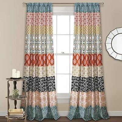 Imagen de Lush Decor Juego de Cortinas Ventana Rayas Bohemias, Turquesa/Naranja, 52 x 95 Pulgadas