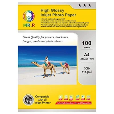 Imagen de papel fotográfico MR.R, 100 hojas A4, brillante para impresora de inyección tinta, 115gsm, fotográficas blancas brillantes impermeables secado instantáneo