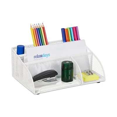 Imagen de Relaxdays Organizador Escritorio, 5 Compartimentos, Diseño Rejilla, 10,5 x 25,5 17 cm, Organización Oficina, Blanco, Acero