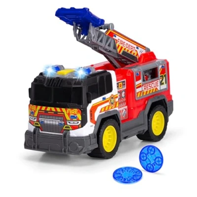 Imagen de Dickie Toys Camión de Bomberos 30 cm City Heroes con Luz y Sonido, Partes Que se abren, Función Lanzamiento Discos (2 incluidos), Pilas Incluidas. A Partir 3 años (203306020)