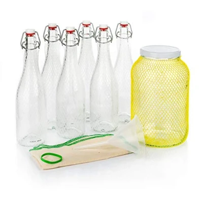 Imagen de myFERMENTS Kit Elaboración Bebidas Probioticas Kombucha, Kefir, Cerveza Tarro Grande de Cristal (4,25 l), 6 Botellas con Cierre Hermético 750 ml, Embudo y Muselina.