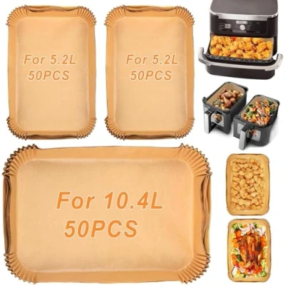 Imagen de YJDM 150 unidades de papel horno para freidora aire caliente Ninja AF500EU AF500EUCP, Cecotec 9000, rectangular freidoras Flex Drawer Dual Zone 5.2L, 10L y 10.4L diferentes