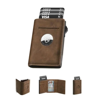 Imagen de YESIIW AirTag Billetera de Cuero con Bloqueo RFID, Carteras para Hombre Apple AirTag, Tarjetero Desplegable Bolsillo Monedas y Clip Dinero, Regalos Hombres, Marrón