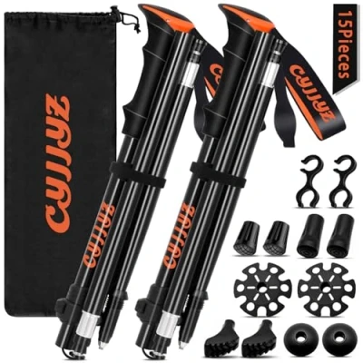 Imagen de CYJJYZ 2Pcs Bastones Trekking Plegables, de Senderismo Aluminio 7075, Palos Senderismo, 108 135CM Ajustable Marcha Nordica, con 5 Pares Topes Goma, para Viaje