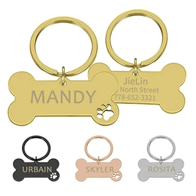 Imagen de CAMAL Placas para Perros Grabadas Acero Inoxidable, Identificativas Personalizables Collar Perro Gato Mascota, Chapa Grabada, Forma de Hueso (Oro, Pequeña)