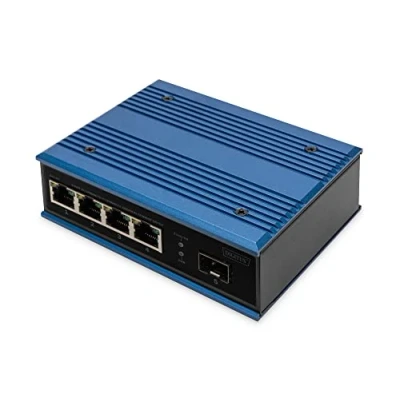 Imagen de DIGITUS Conmutador de Red Fast Ethernet 5 Puertos 4X RJ45 + 1x Puerto SFP No gestionado 10/100 Mbps Carril DIN y Montaje en Pared IP40 Serie Industrial Azul