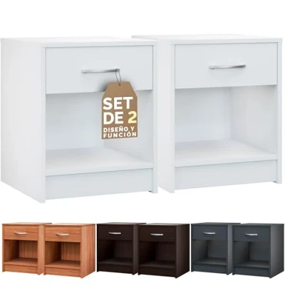 Imagen de CASARIA® Set 2 Mesitas de Noche con Cajón 50x40x35cm para Cama Mueble Dormitorio Mesilla Mesa Auxiliar Compartimento Abierto Asa Cromada