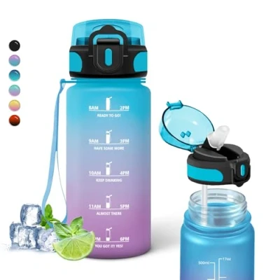 Imagen de Botella Agua 500ml, Reutilizable con Pajita, Agua, Cantimplora Infantil, Fácil de Limpiar, Deportiva, Marca Tiempo, para , Café, Té, Leche, Jugo