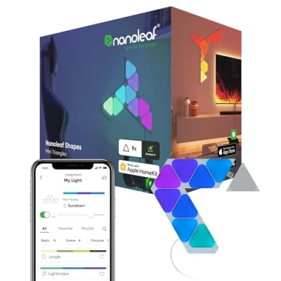 Imagen de Nanoleaf Shapes Mini Triangle Starter Kit, 9 Triángulos Luminosos Led RGBW Apliques de Pared Interior Modulares, Luces Inteligentes 16M Colores WiFi, Compatible Alexa, Decoración y Gaming