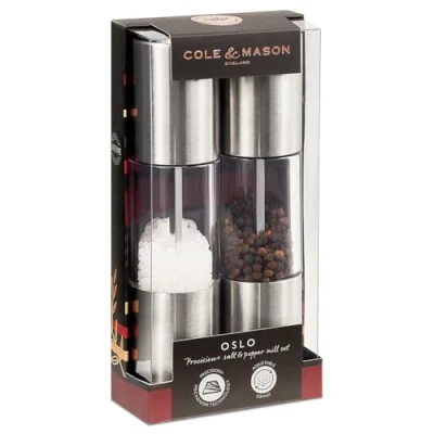 Imagen de Cole &amp; Mason H56390P Oslo Molinillos de Sal y Pimienta, Precision+/Molienda Ajustable, Acero Inoxidable/Acrílico, 185mm, Incluye 2 x Molinos