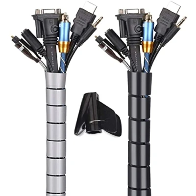 Imagen de MOSOTECH Organizador Cables, Cubre Cables de 2 x 3m, Flexible Funda Mesa, Recoge para Office y PC Escritorio Negro Gris(Ø2.6cm Ø2.2cm)