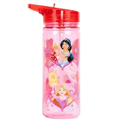 Imagen de Disney Princesses botella de plástico con popote sin BPA, 580 ml, agua escolar para niñas, 100% a prueba fugas, duradera niñas