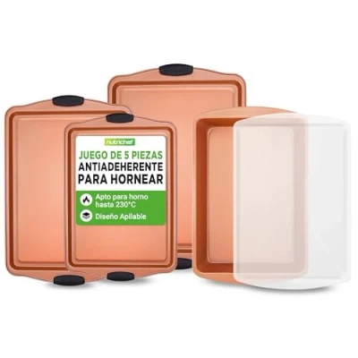 Imagen de NutriChef juego de 5 bandejas horno, Para hornear, Servir, Apilables, Rectangulares, Antiadherentes, Sin PFOA, PFOS, PTFE, Asas silicona. Naranja